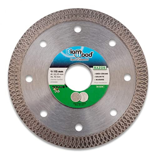 DIAMWOOD - Disque Diamant Grès Granite Marbre pour Meuleuse ou Disqueuse | Lame diamantée à Tronçonner | Découpe Parfaite Professionnelle | Diamètre 115 mm | Alésage 22,23 mm | H. Jante 10 mm | RAZOR