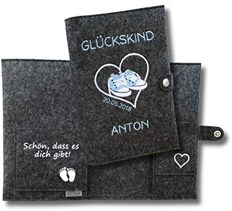 u heft hülle und impfpass Babyschuhe personalisiert mit Namen und Geburtsdatum des Kindes mit extra Fächer und Lasche mit Druckknopf aus 100% Wollfilz - anthrazit meliert blau