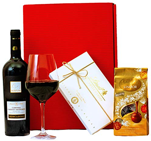 Geschenkset Mailand | Geschenkkorb gefüllt mit Rotwein & Lindt Pralinen | Wein und Schokolade Präsentkorb für Frauen & Männer zu Geburtstag, Dankeschön, Muttertag