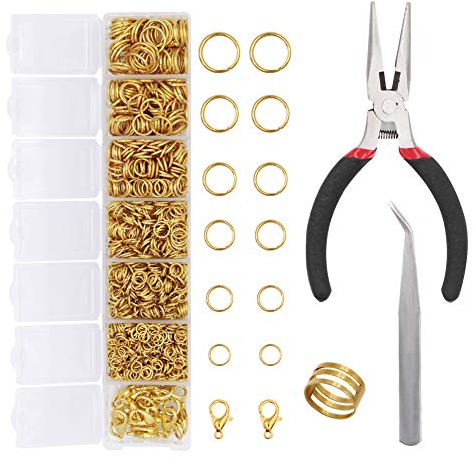 EuTengHao 1504-teiliges goldfarbenes offenes Biegering- und Karabinerverschlüsse-Set, Schmuckherstellung, Reparaturzubehör mit Zange und Pinzette