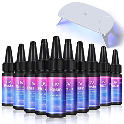 10pcs Neuestes UV-Harz Super schnell aushärtendes kristallklares hochtransparentes Kunstharz Bastel-DIY-Schmuckherstellungskit + faltbarer Mini-UV-Lampe für Anfänger Geschenke Silikonharzformen