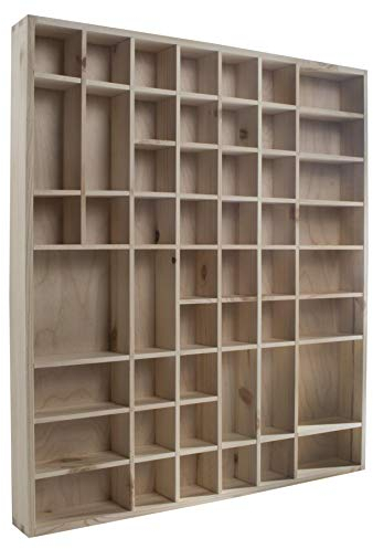Large Wooden Wall Display Cabinet Trinket Display Shelf | 51 Compartments | 52 x 46 x 5 cm | Wall Hanging Unit Souvenir Organiser | Unpainted & Untreated Decorative Wood