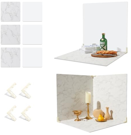 BEIYANG Food Photography Backdrops 24x24 Inch Marble Photo Backdrop Boards 3PCS White Photography Backdrop Boards with 3 Bracket Kits Soild Board Waterproof Backdrop for Food Photography