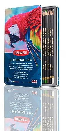 Derwent Chromaflow Buntstifte im 12er Set in Metallbox, 3,5 mm Minenstärke, Mischbar mit Geschmeidiger Textur, Ideal zum Zeichnen, Ausmalen und Layering, Professionelle Qualität, 2305856