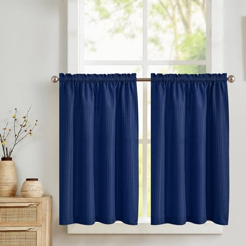 TOPICK Blickdicht Scheibengardinen Küche Blau Bistrogardine mit Tunnelzug Gardinen Kurz mit Waffel Muster Halbtransparente Küchengardinen für Kleine Fenster Wohnmobil Landhaus 2er Set 90Bx90H cm