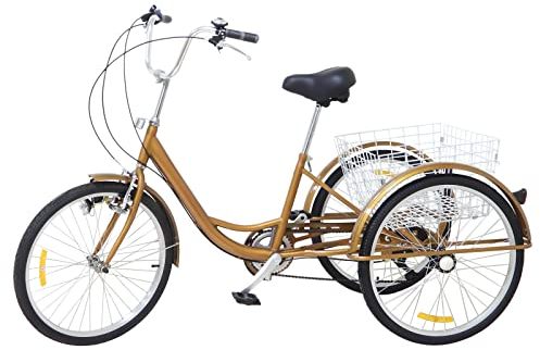 24 Zoll 6 Gänge Zahnräder Dreirad Für Erwachsene, Gold/Silver, 3 Rad Fahrrad Mit Korb Und Lampe (Farbe: Gold mit Lampe)