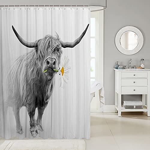 Highland Kuhbulle Duschvorhang Western Tierwelt Tier Badezimmer Vorhang Lustige Bauernhaus Highland Vieh Bad Vorhang mit Blumenblume, weiß grau Skizze Milch wasserdicht Badezimmer Dekor, 180 cm lang