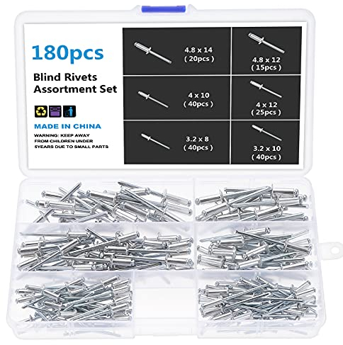 Gueenky 180 Stück Aluminium Nieten 3,2/4/4,8 mm, 6 Größen Blindnieten Set, Popnieten Sortiment mit Aufbewahrungsbox für Metall Holz Kunststoff
