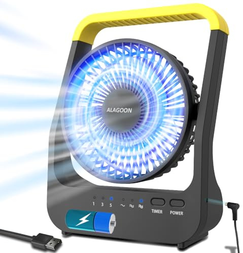 ALAGOON Portable Desk Fan, 5'' USB & D Battery Operated, 3 Speeds, 7.48'' x 10'' x 3.3'', Yellow, Modern, Timer, Quiet, 50dB, 3 Blade Plastic, 4.5W, 6V, Floor Mount, Outdoor, Office, Bedroom