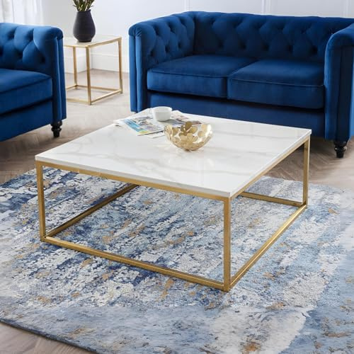 Julian Bowen Scala Coffee Table, White Marble Effect & Gold - H40 x W90cm | Square Modern Centre Table for Living Room,
