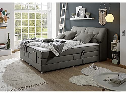 Lomadox LOMADO® Boxspringbett 180 x 200 cm Hotelbett Doppelbett, Elephant Grey, elektr. verstellbar, Kopfteil aufklappbar, 7-Zonen TFK-Matratze H2, Visco-Topper