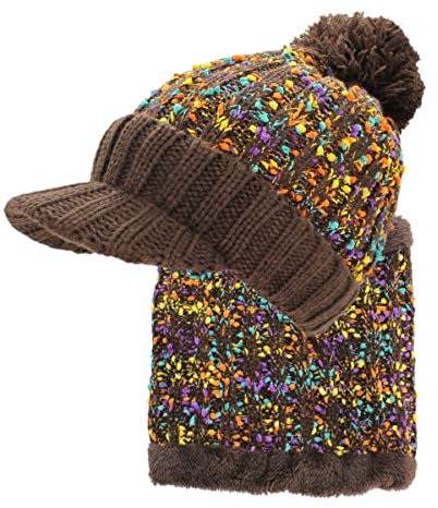 dy_mode Damen Mütze und Schal Kombi Set Schirmmütze Bommel mit Innenfutter - A305 (A305-ColorMixBraun)