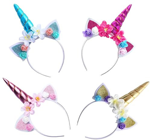 Mecctuck 4 Stück Einhorn Haarreif, Einhornhaarreif Mädchen, Einhorn Haarreif Kinder, Einhorn Geburtstag, Haarschmuck Karneval, Einhorn Haarreifen mit Ohren und Blumen, einhorn kostüm Accessoires