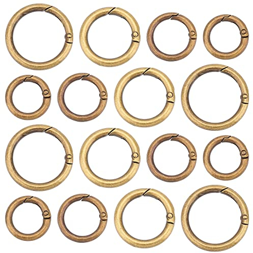 GORGECRAFT 4 Größen 16 Stück Zinklegierung Feder O-Ring Rund Karabinerhaken Runde Karabiner Ring Schlüsselring Klein Ringe Metallhaken Schnalle Sprunghalter Für DIY Handwerk Zubehör (Antike Bronze)