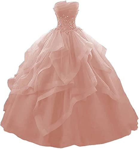 WSEYU Robe de bal longue à volants Robes de Quinceanera sans bretelles en dentelle tulle perlée robe de soirée princesse, vieux rose, 44