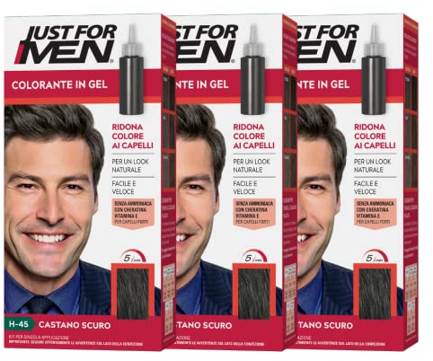 Just For Men Colorante In Gel, Tinta Semipermanente Per Capelli Uomo, Senza Ammoniaca, Con Cheratina E Vitamina E Per Capelli Forti, Colore Castano Scuro, H45 (3 Pack)