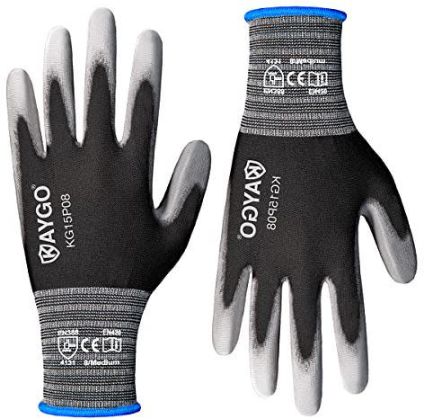 KAYGO 12 Paar Arbeitshandschuhe Dünn Tastsensibel, KG15P, Atmungsaktiv Nylon Liner mit PU Beschichtung, Guter Griff Leichte Schutzhandschuhe für Präzisionsarbeit, Montage, Lager (Schwarz, M, Gr 8)