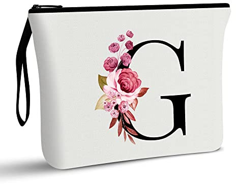 Vavabox A-Z Personalisierte Make-up-Tasche, Geburtstagsgeschenk für Frauen, Mutter, Geschenke für beste Freundin, Braut, Brautjungfer, Kosmetiktasche, Weiss/opulenter Garten, G
