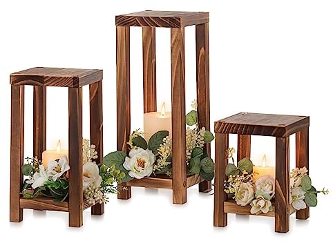 NUPTIO Wooden Candle Lanterns Rustic: 3 Pcs Pillar Candles Wood Candle Holders Indoor for Living Room, Decorative Candle Lanterns Farmhouse Wedding Fireplace Christmas Decor, 32.5cm&25.7cm&17.7cm