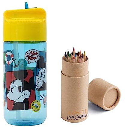OM SUPPLIES Gourde réutilisable en Tritan pour enfants avec personnages de Mickey 430 ml – Vacances, rentrée scolaire, déjeuner pour enfants, sans BPA, comprend un ensemble de 12 crayons (Mickey)