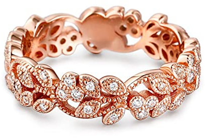 Jeulia Verlobungsring aus Sterlingsilber, gemeißelte Blume und Blatt, einzigartiger Zirkonia-Ring für Damen, Verlobungsring, Schmuck, Geschenk (Roségold, 54(17.3))