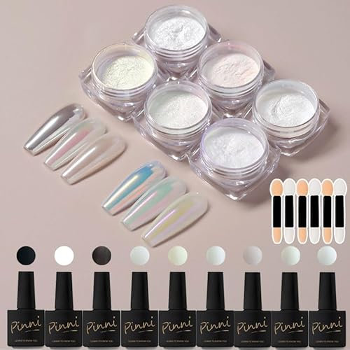 6 Colors Moonlight Pearl Aurora Nail Powder + 9 black white gel nail polish -Metallic Chrome Nail Powder-Mermaid Iridescent Holographic Mirror Powder- Glitter Pigment Manicure Powder