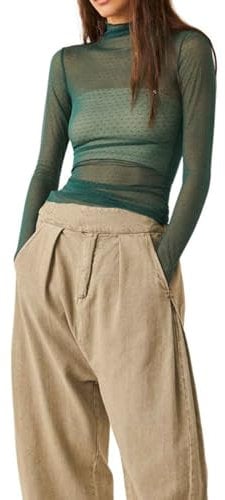Caziffer Sheer Mesh Long Sleeve Layering Top for Women Mock Neck Floral Lace Tshirt See Through Tee Shirt Blouse (Dot Army Green, M)