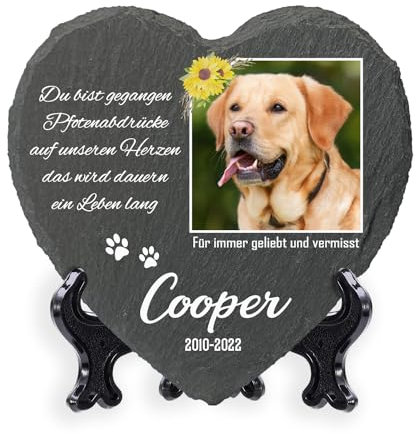 AIGAT Personalisierbare Herz Gedenktafel 25 x 25 cm mit Name, Datum, Foto und Ständer für Haustier Katze Hund Schiefer Stein Pfote Grabmal - Floral Rahmen Foto