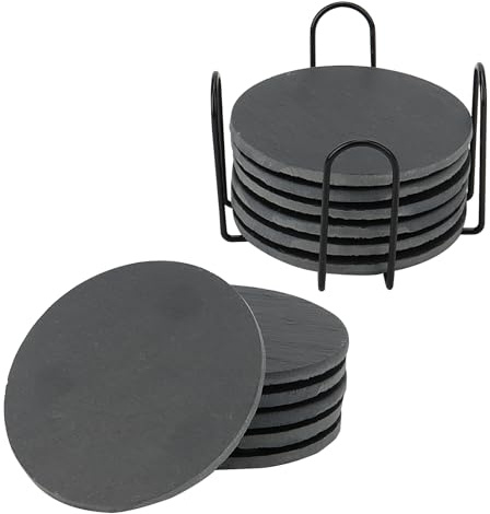 MUKCHAP Lot de 12 dessous de verre ronds en ardoise avec support, en pierre noire, 10 cm