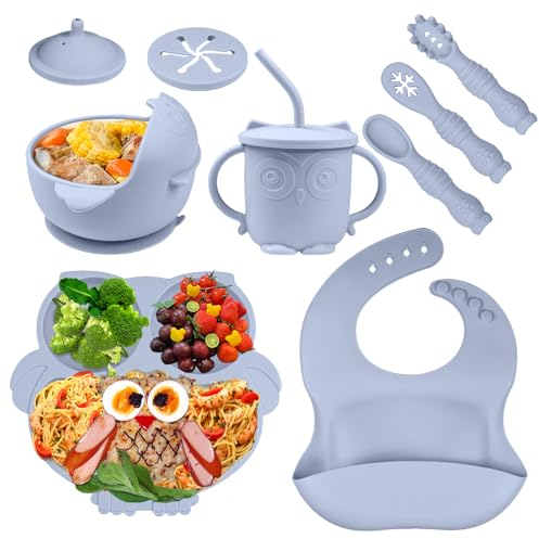 Bwaliffury 9 Pièces Coffret Repas Bebe Silicone, Set Vaisselle pour Bébé Silicone, Assiette Ventouse, Bavoir Bebe, Couvert Enfant et Tasse Apprentissage en Silicone sans BPA