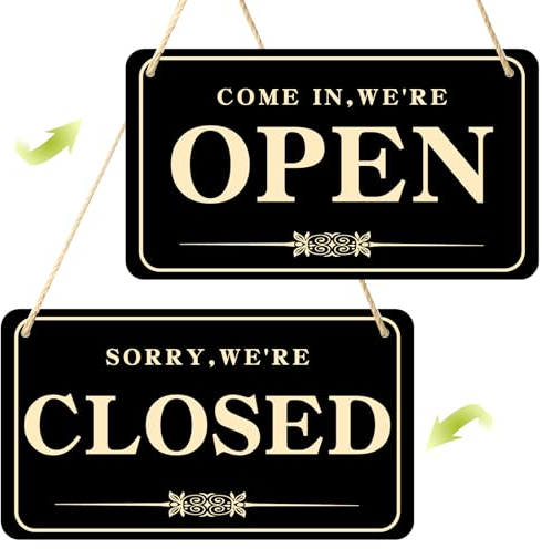 Cartello aperto chiuso, doppio lato da appendere, in PVC, con orari di apertura, per negozi, con corda per porta, ristorante, club, caffetteria, hotel (dorato)