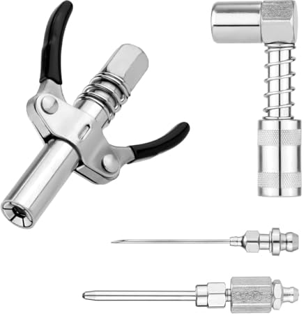 NQEUEPN 4pcs Grease Gun Fitting Kit, Include 90 Degree Grease Gun Coupler Adapter, Double Handles Grease Gun Coupler, Grease Needle, Needle Tip Dispenser Fit 1/8 NPT Grease Gun