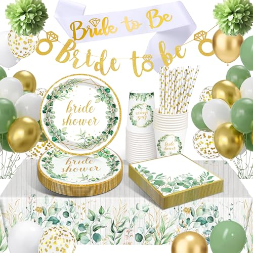 Sancuanyi Sage Green Paper Plates Bride to be Decorations,Bridal Shower Decorations,Hen Party Accessories,Napkins Cups Tablecloth & Banner Green Balloon Confetti For Wedding Picnic Party Supplies