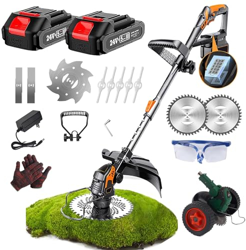 Debroussailleuse Thermique 4 en 1 avec 2 Batteries, 24v Coupe Bordure Electrique Et 4 Types De Lames pour La Coupe De Jardin, Pelouses Et Terres Agricoles,Poignée Réglable (Il y a des Roues)