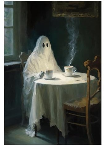 Lustiges Halloween-Poster, eleganter Geist, trinkender Tee, Wandkunst, Dekor, dunkler, romantischer Geist, trinkender Kaffee, Kunstdrucke, gruselige dunkle Akademie, Wandleinwand für Zuhause, Schule,
