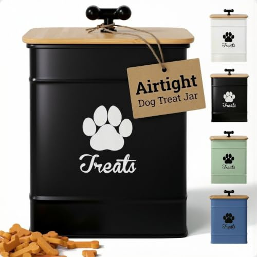 Dog Treat Container Airtight, 6W x 8H, Powder Coated, 12 Cup Capacity | Fits All Popular Treats, 12 Cup Capacity, Airtight Bamboo Lid, Easy Open Lid, Dent-Resistant Durable Metal Bone-Shaped Handle