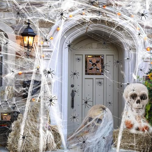 300g Weiß Halloween Spinnennetz Deko mit 60 Spinnen, Dehnbare Spinnweben für Gruselig Outdoor Garten Horror Deko
