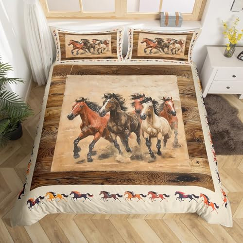 Homewish Braunes Pferd Bettwäsche Set 135x200 für Cowboys Cowgirls Western Farmhouse Bettbezug 3D Wild Tier Pferd Tröster Bezug für Teens Kinder Wildlife Pferd Bettbezug Weiß Schwarz Pferd Bettwäsche