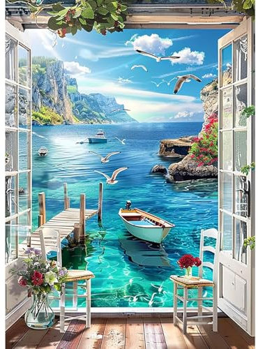 Yaostarart Paint by Numbers for Adults,Seaview Adult Paint by Numbers Canvas Kits,Boat Paint by Number Canvas,Number Painting Adults for Gifts Home Wall Decor 12x16inch