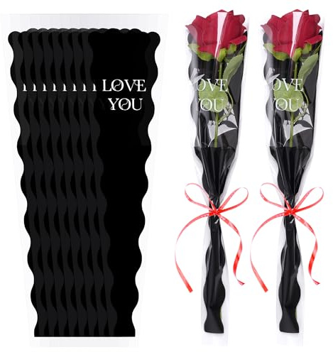 50 Pcs Single Rose Sleeve Bouquet Bags, Single Flower Sleeves for Bouquets, Single Flower Wrapping Bags Packaging Bags for Mother's Day Graduation Wedding Birthday Valentine's Day Party (Black)