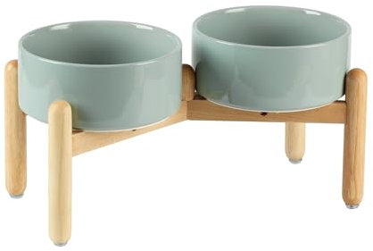 Havniva Ceramic 7.3inch Raised Double Bowls Set with Wooden Stand, Food & Water Bowls for Medium Breed Dogs, Weighted Dog Dishes, Pet Feeder(Light Green)
