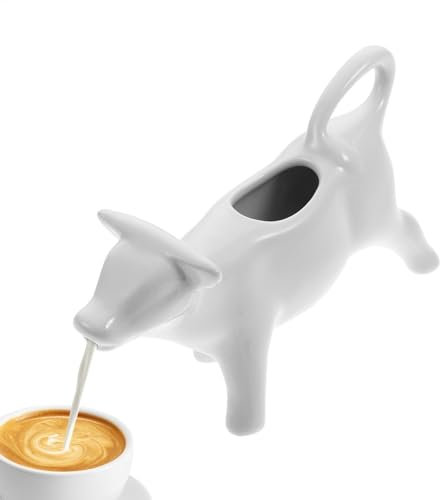 Jarras de leche pequeñas de 13,5 x 3,5 x 7,5 cm, con forma de vaca, jarra de leche de cerámica blanca, servidor de jarabe, resistente al calor, jarra de crema portátil para acampar