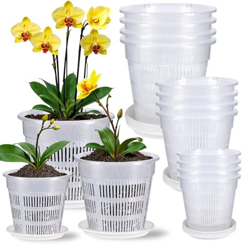 Jazlyvex Orchideentopf Transparent,12 Stück Orchideen übertopf mit Untersetzer Pflanztöpfe Blumentöpfe für Orchideen(12PCS+12Untersetzern)
