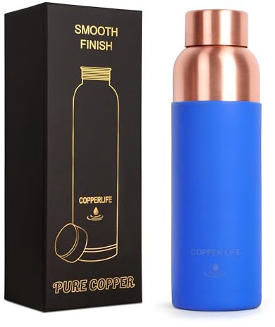 New Launch Trinkflasche aus reinem Kupfer, 100 % reines Kupfer für Ayurveda-Gesundheit, glatte Oberfläche mit blauem Silikongriff für mehr Elastizität und besseren Halt, getesteter auslaufsicherer