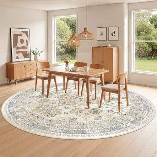 zesthome Runder Teppich, rutschfest, waschbar, ultradünne große Vorleger, weicher Kurzflorteppich für Wohnzimmer, Schlafzimmer, Küche, Vintage, schmutzabweisend, 243,8 × 243,8 cm, Beige