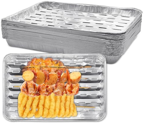 Aleker Pack of 20 Foil Trays BBQ, 34.5 x 22 x 2.8cm BBQ Trays, Aluminum Foil Drip Tray, Large Barbecue Oil Drip Pans for Outdoor Grill, Perforated BBQ Grill Tray, Grill Accessories for Oven & Charcoal