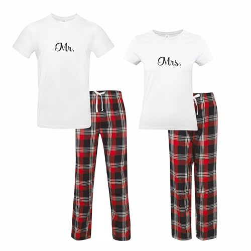 Pyjama Mr et Mrs saint valentin - cadeau couple amoureux, pyjama à carreaux st valentin, pyjama à carreaux rouges, cadeau femme saint valentin (Pantalon femme, Haut blanc, XL)
