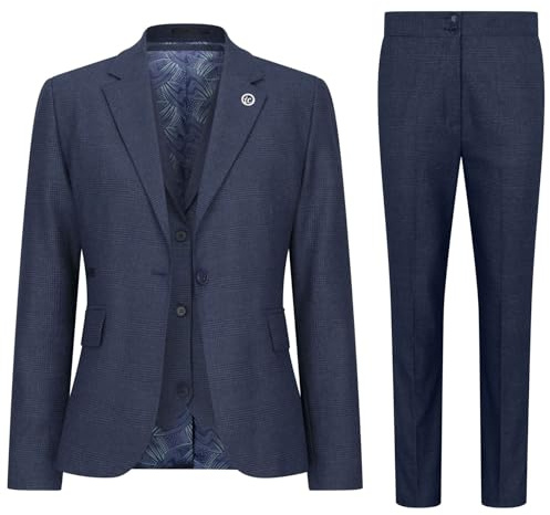 Women's Suit 3 Piece Navy Blue Prince of Wales Check Tailored Fit Business Formal Ladies Dress