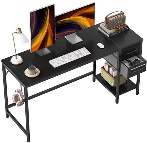 Cubiker Schreibtisch 140×50×75cm, Computertisch, PC-Tisch, Bürotisch, mit 2 Schubladen auf der rechten oder linken Seite, fürs Büro, Wohnzimmer, Stahlgestell, Industrie-Design, Schwarz