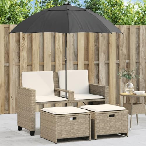 KOIECETA Gartensofa 2-Sitzer Gartenbank Sitzbank für Garten Terrasse Balkon Gartenmöbel Gartensessel Sonnenschirm und Hocker Beige Poly-Rattan